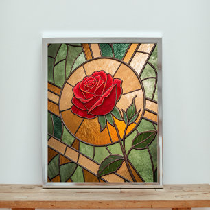 Enchanted Crimson Rose Stained Glass Masterpiece Poster
