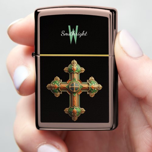 Enchanted Cross A Green and Gold Masterpiece Zippo Lighter