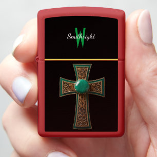 Enchanted Cross With Green Gem Zippo Lighter
