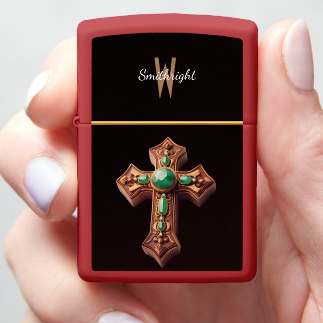 Enchanted Cross With Green Stone Zippo Lighter (In Hand)