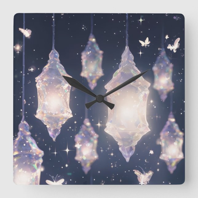 Enchanted Crystal Lanterns Square Wall Clock (Front)