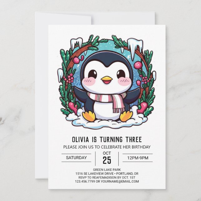 Enchanted Cute Penguin Digital Birthday Invitation (Front)