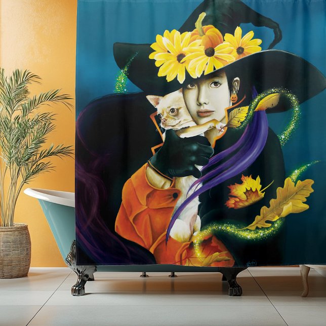 Enchanted Dark Surreal Witch Chihuahua Fantasy Shower Curtain (Creator Uploaded)