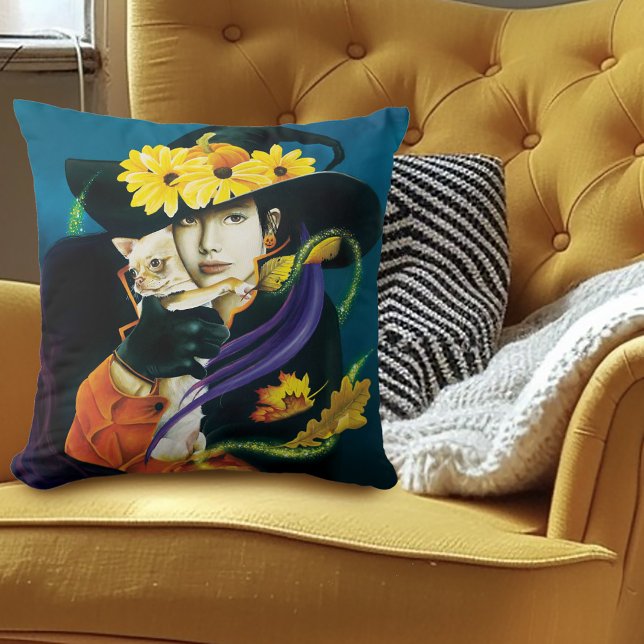 Enchanted Dark Surreal Witch Chihuahua Fantasy Throw Pillow (Creator Uploaded)