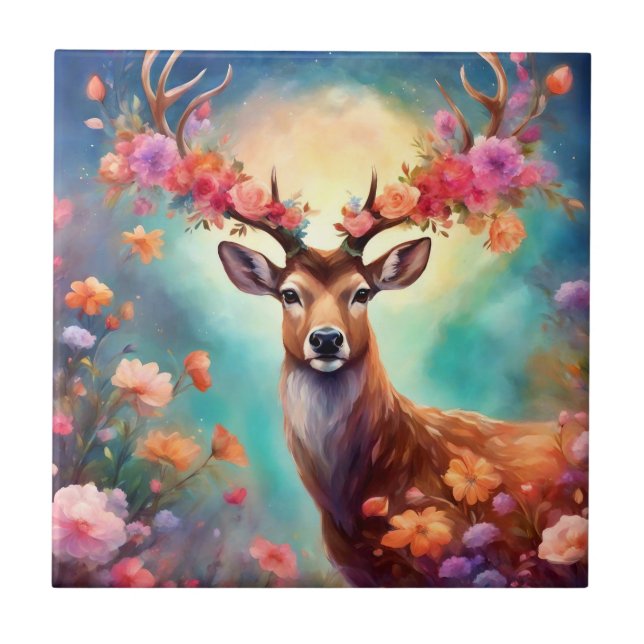 Enchanted Deer With Flowers Ceramic Tile (Front)