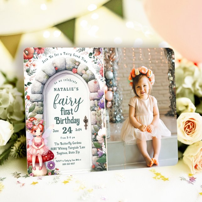 Enchanted Doorway Fairy First Birthday Party Photo Invitation (Fairy First Birthday Photo Invitation with Red Hair Fairy Girl and Enchanted Doorway.)