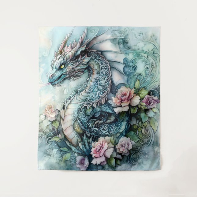 Enchanted Dragon Among Roses  Tapestry (Front)