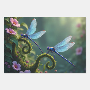 Enchanted Dragonfly Floral Set Wrapping Paper Sheets