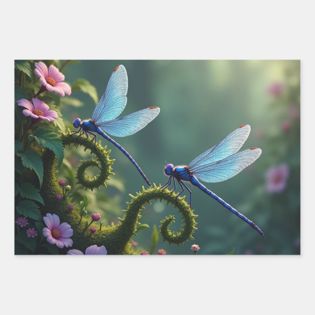 Enchanted Dragonfly Floral Set Wrapping Paper Sheets (Front)