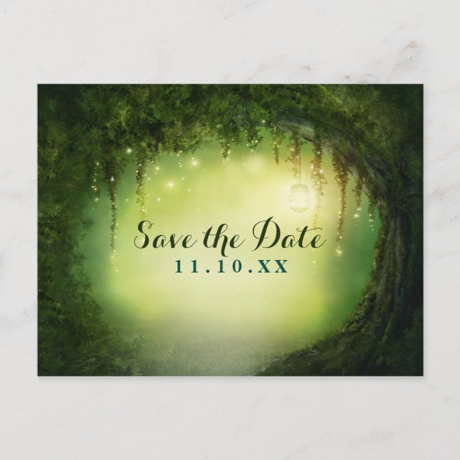 Enchanted Dreamy Forest Rustic Save the Date Announcement Postcard (Front)