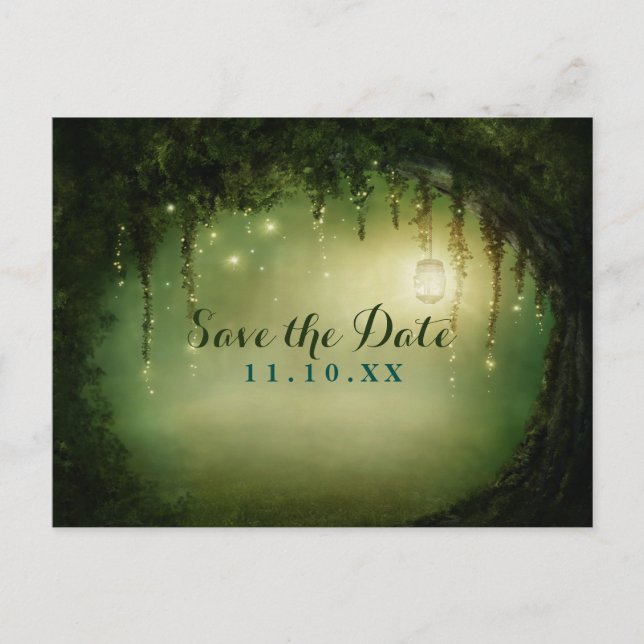 Enchanted Dreamy Forest Rustic Save the Date Announcement Postcard (Front)