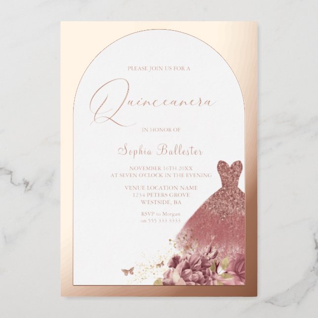 Enchanted Dress Blush Floral Quinceanera Rose Gold Foil Invitation (Front)