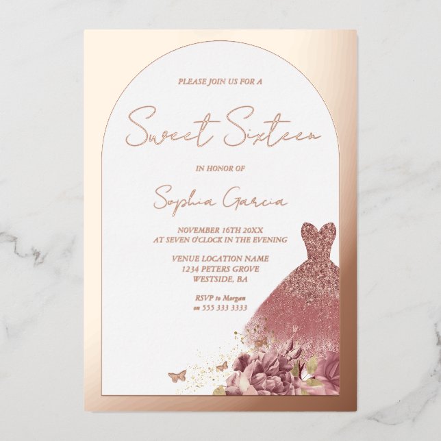Enchanted Dress Blush Floral Sweet 16 Rose Gold Foil Invitation (Front)