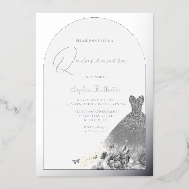 Enchanted Dress Floral Quinceanera Silver Foil Invitation (Front)