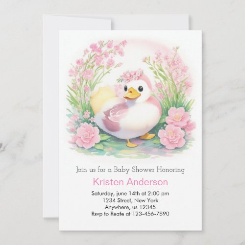 Enchanted Duck Pink Watercolor Girl Baby Shower Invitation