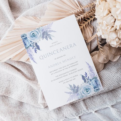 Enchanted Dusty Blue Beautiful Floral Quinceanera Invitation