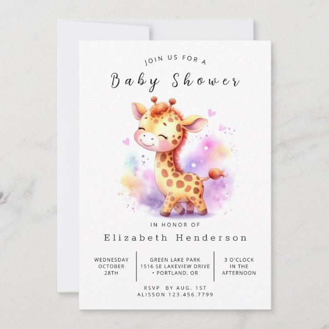 Enchanted Editable Giraffe Baby Shower Invitation (Front)
