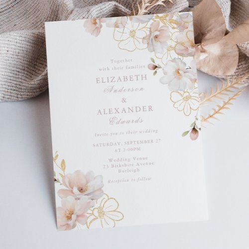 Enchanted Elegance Blush  Gold Wildflower Wedding Invitation