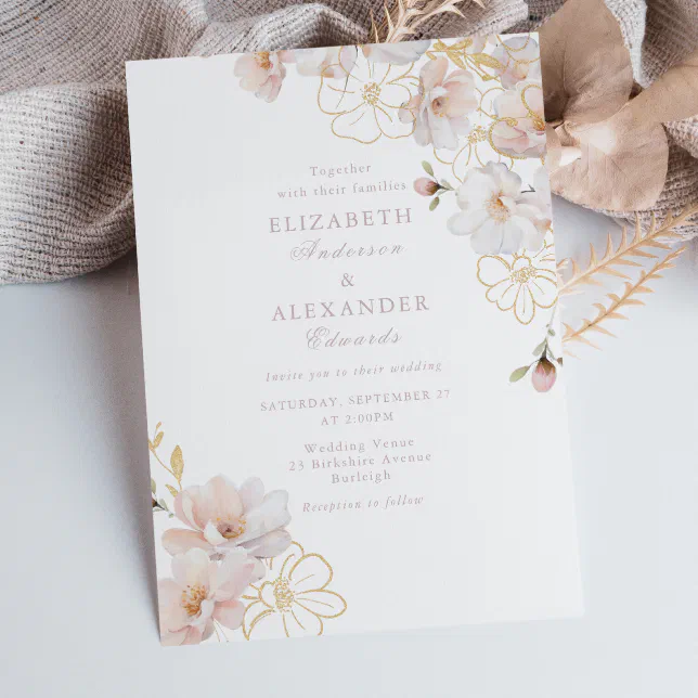 Enchanted Elegance Blush & Gold Wildflower Wedding Invitation | Zazzle