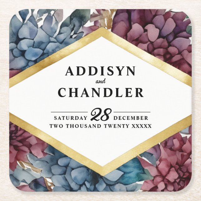 Enchanted Elegance Jewel-Toned Floral Wedding Square Paper Coaster (Front)
