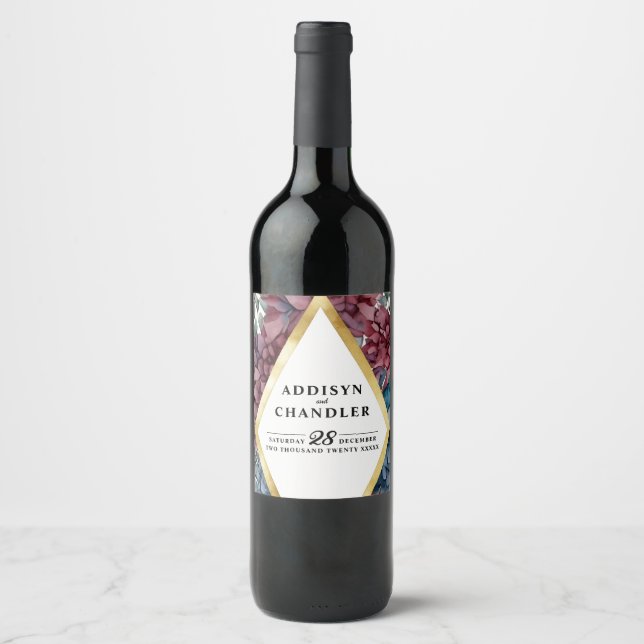 Enchanted Elegance Jewel-Toned Floral Wedding Wine Label (Front)