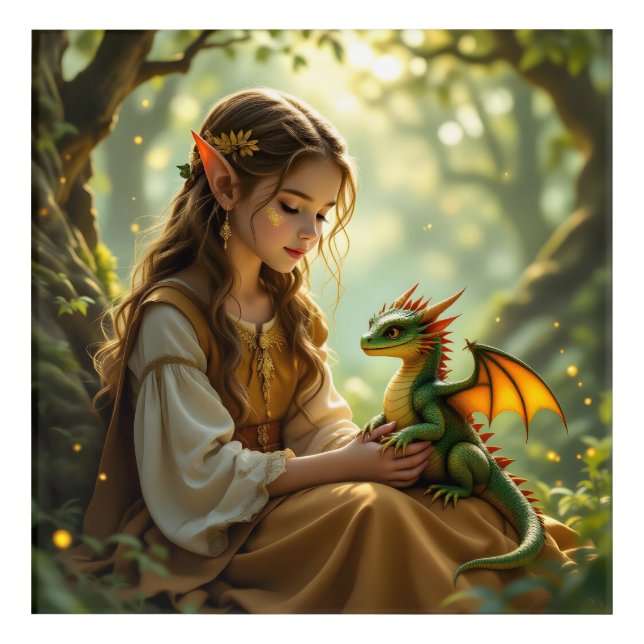 Enchanted Elven Fairy and Dragon Acrylic Print (Front)