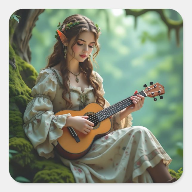 Enchanted  Elven Fairy Playing Ukulele Square Sticker (Front)