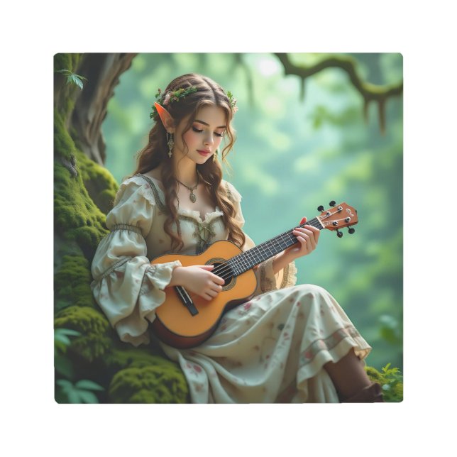 Enchanted Elven Girl Playing a Ukulele  Metal Print (Front)