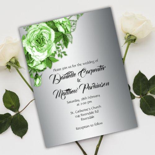 Enchanted Emerald Garden Roses on Silver Wedding Postcard