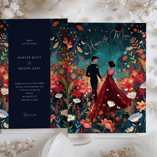 Enchanted Evening _ Burgundy Navy Floral Wedding Invitation