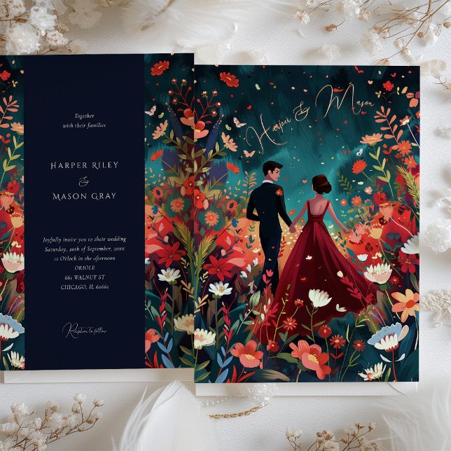 Enchanted Evening - Burgundy Navy Floral Wedding Invitation (Creator Uploaded)