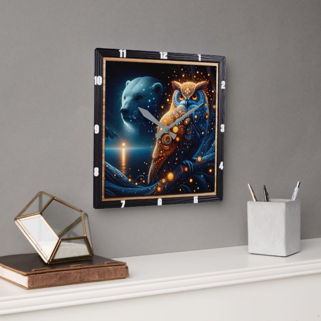 Enchanted Evening With Bear and Owl in Harmony Square Wall Clock (Office)