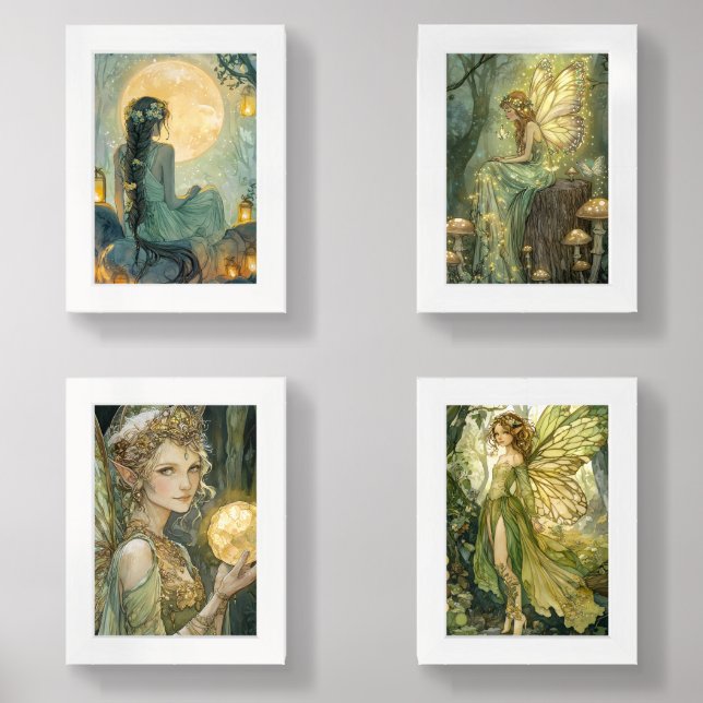Enchanted Fairies Pixies Emerald Forest Wall Art Sets (Front)