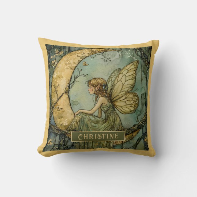 Enchanted Fairy And Crescent Moon Throw Pillow (Front)