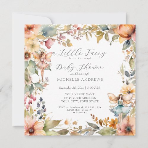 Enchanted Fairy Fall Floral Daisy Girl Baby Shower Invitation