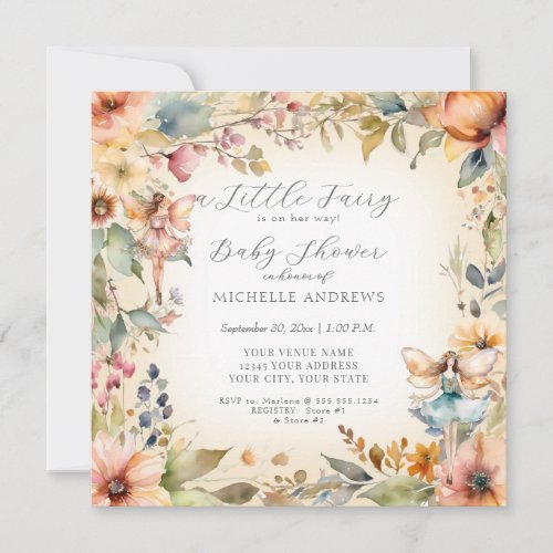 Enchanted Fairy Fall Floral Gold Girl Baby Shower Invitation