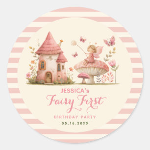 Enchanted Fairy First Birthday Pink Striped Classic Round Sticker