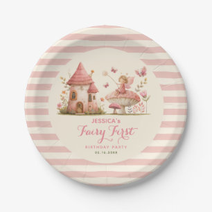 Enchanted Fairy First Pink Striped Birthday Party Paper Plates