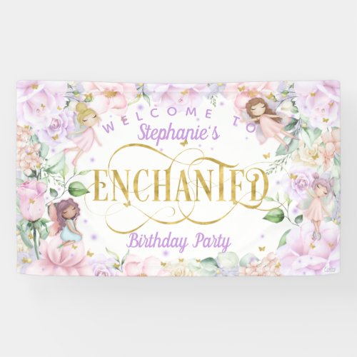 Enchanted fairy flower garden birthday backdrop banner