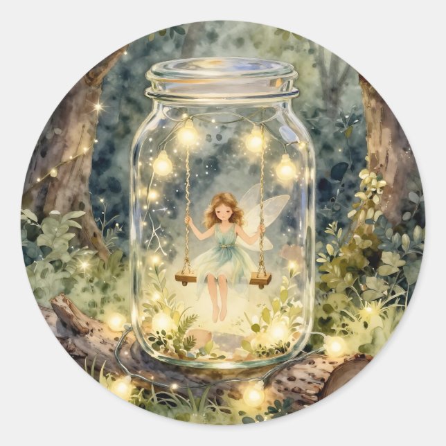 Enchanted Fairy in a Mason Jar n a Magical Forest Classic Round Sticker (Front)