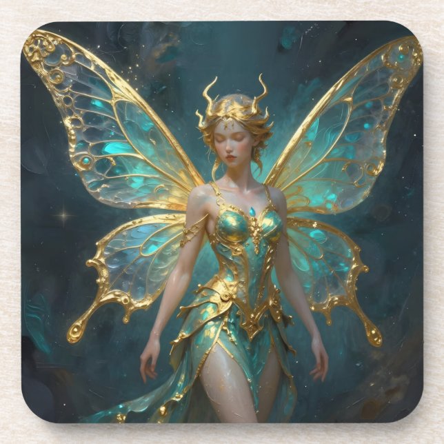 Enchanted Fairy in Gold and Turquoise  Beverage Coaster (Front)