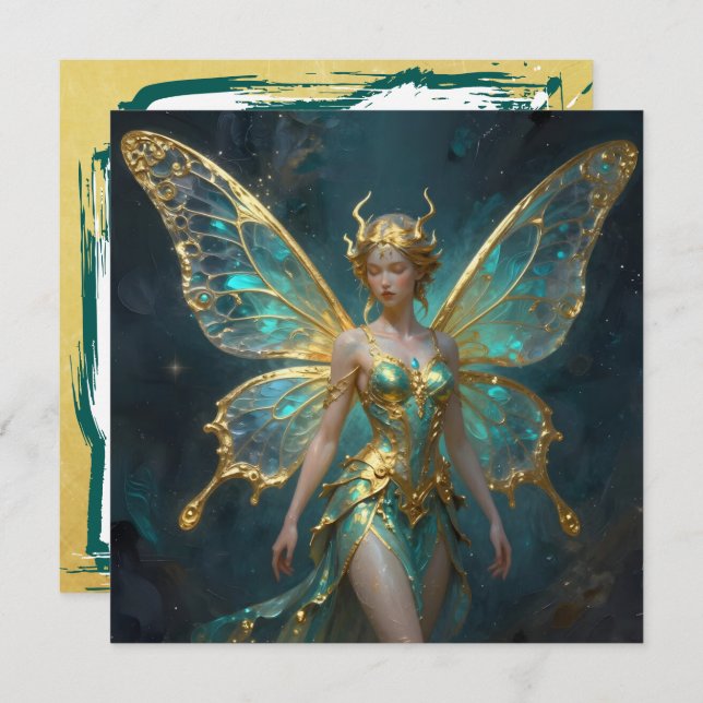 Enchanted Fairy in Gold and Turquoise Blank Card (Front/Back)
