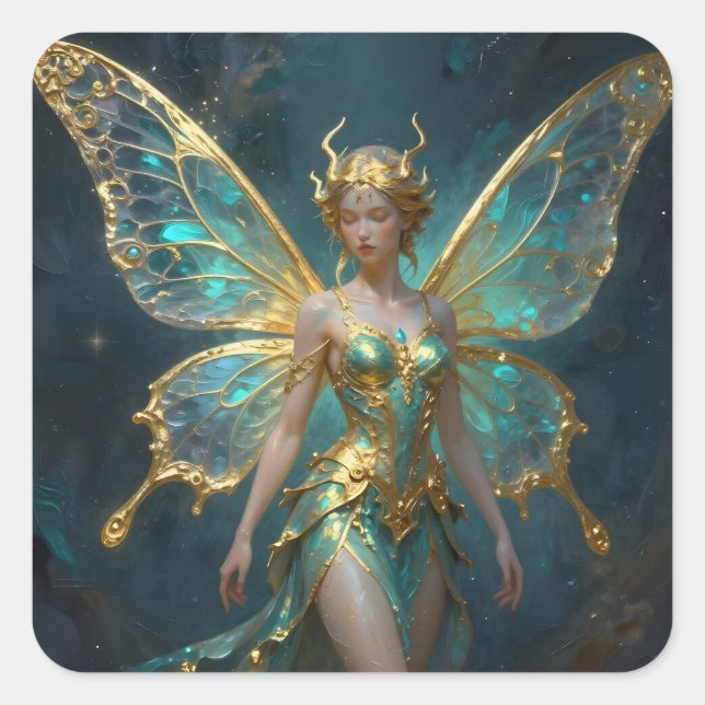 Enchanted Fairy in Gold and Turquoise  Square Sticker (Front)