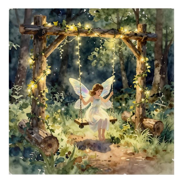 Enchanted Fairy on a Swing in a Magical Forest Acrylic Print (Front)