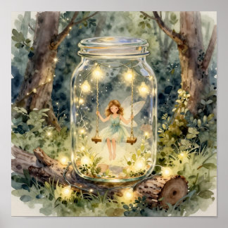 Enchanted Fairy on a Swing in a Magical Forest Poster