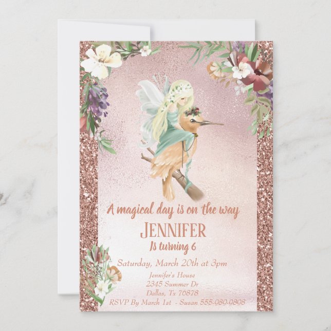 Enchanted Fairy on Bird Rose Gold Beautiful Invitation (Front)