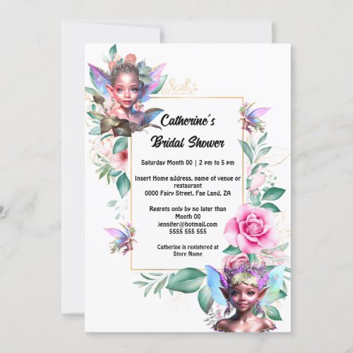 Enchanted fairy pink rose floral gold pixie  invitation