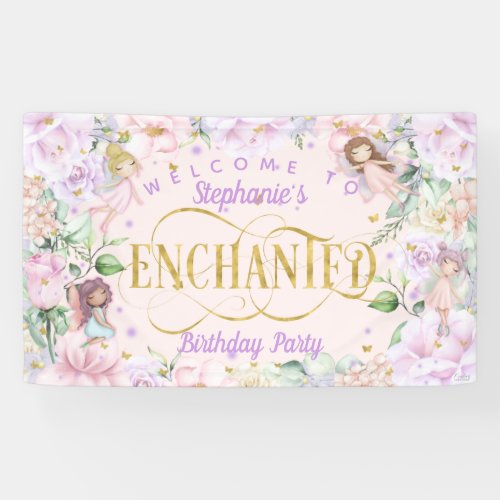 Enchanted fairy purple pink flowers party backdrop banner