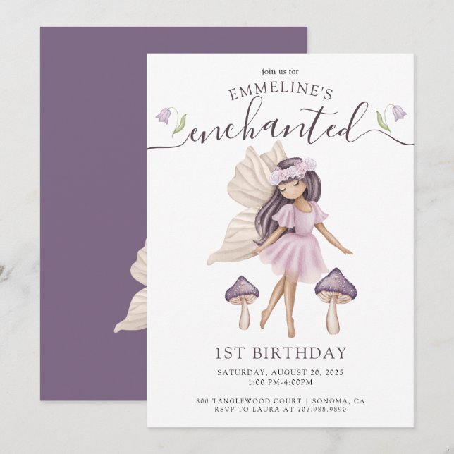 Enchanted Fairy Watercolor 1st Birthday Invitation (Front/Back)