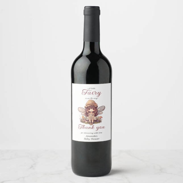 Enchanted Fairy with Mushrooms Girl Baby Shower Wine Label (Front)